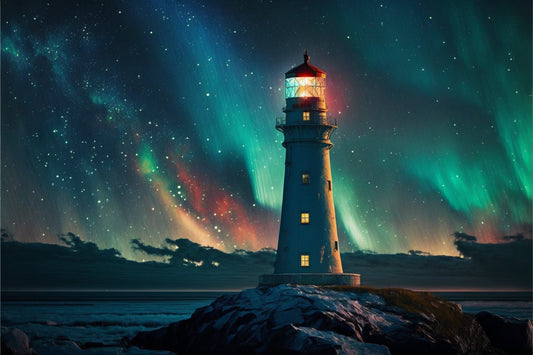 Teal Blue Northern Lights Lighthouse Canvas Art Wall Picture