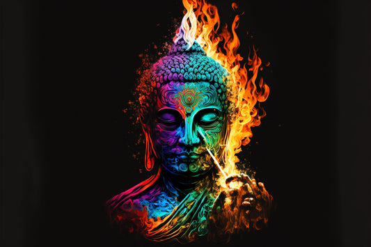 Teal Blue Purple Buddha Flames Colourful Canvas Art Wall Picture