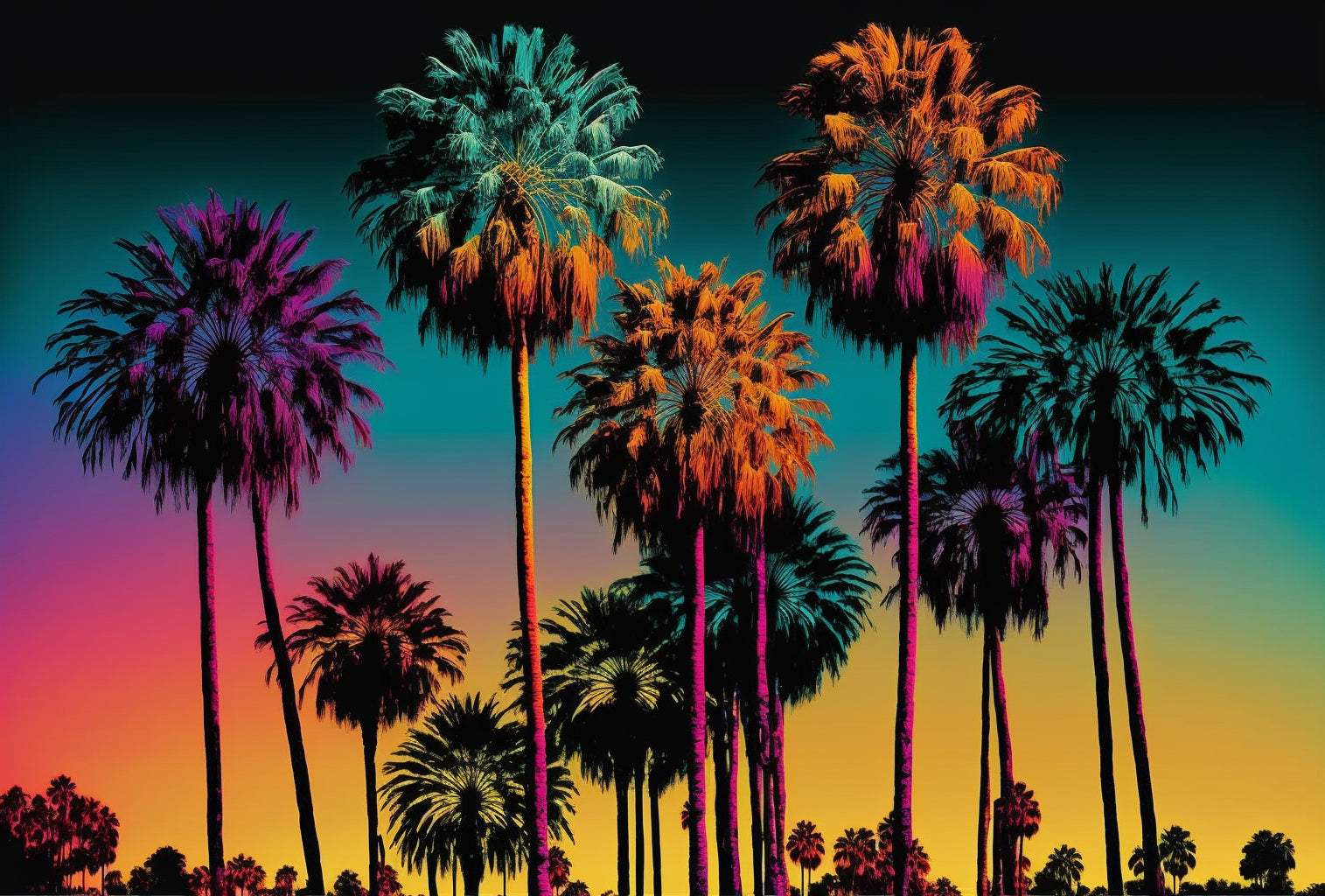 Teal Blue Purple Palm Trees Colourful Canvas Art Wall Picture