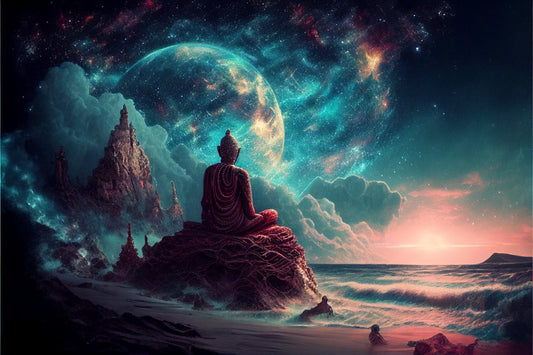 Teal Blue Space Sky Fantasy Buddha Canvas Art Wall Picture