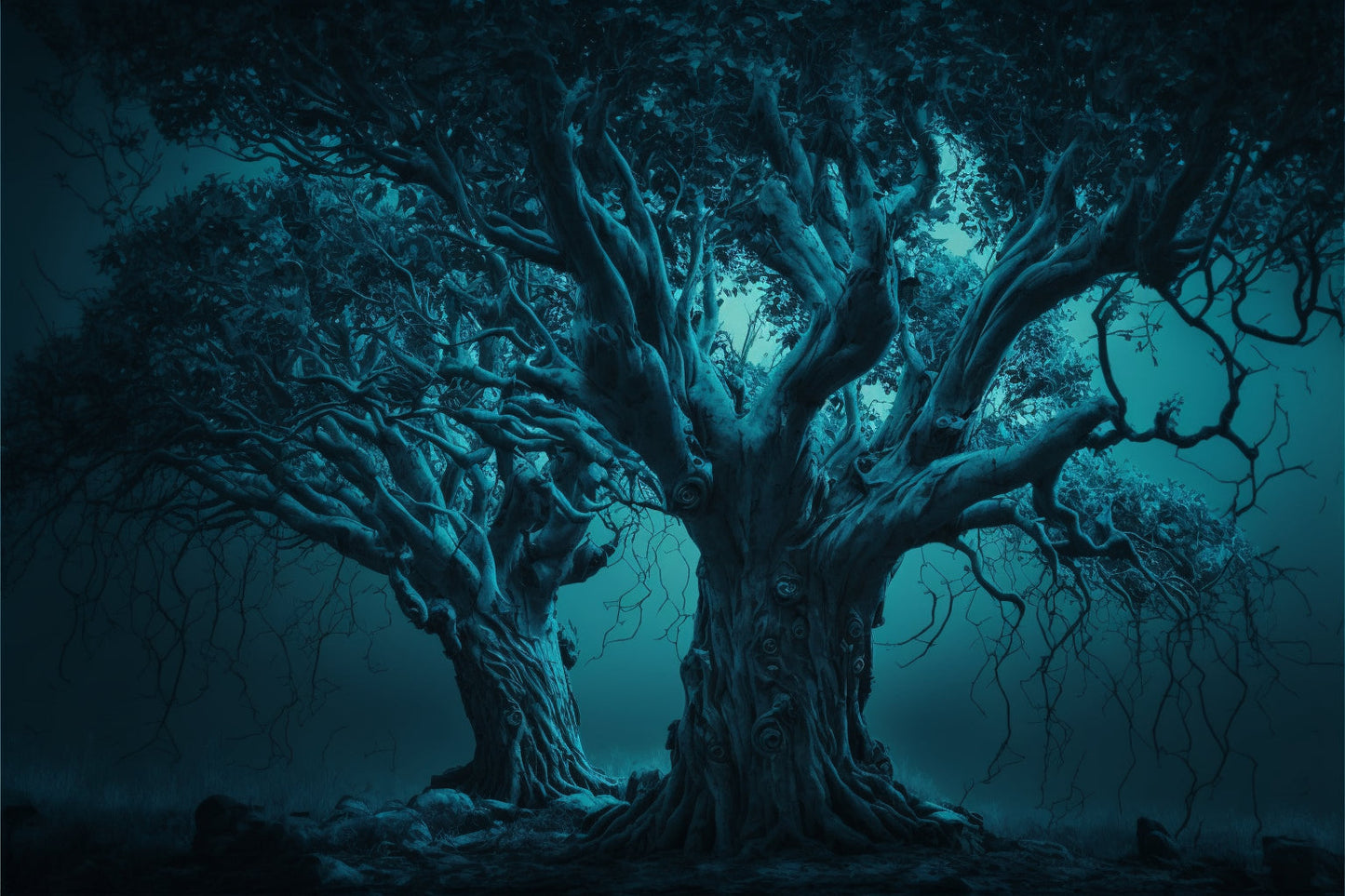 Teal Blue Twisted Trees Canvas Art Wall Picture