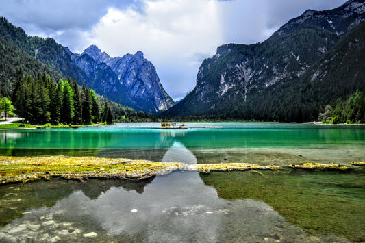 Turquoise Water Mountain Boat Landscape Canvas Art Wall Picture Or Gloss Print