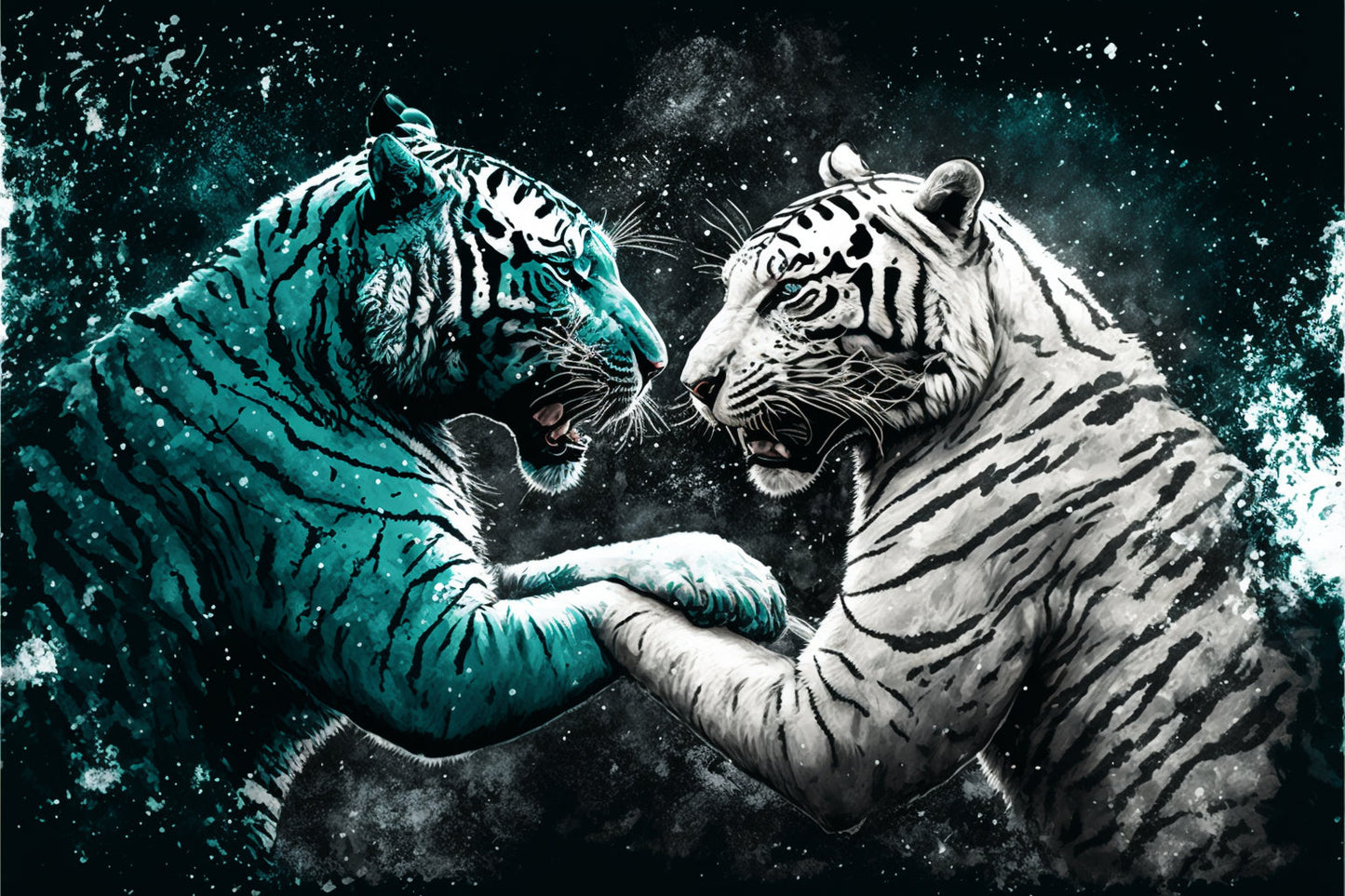 White Tiger Fight Teal Blue Abstract Canvas Art Wall Picture