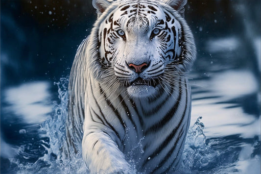 White Tiger In Water Animal Wildlife Canvas Art Wall Picture