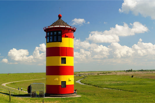 Yellow Red Lighthouse Green Field Canvas Art Wall Picture Or Gloss Print